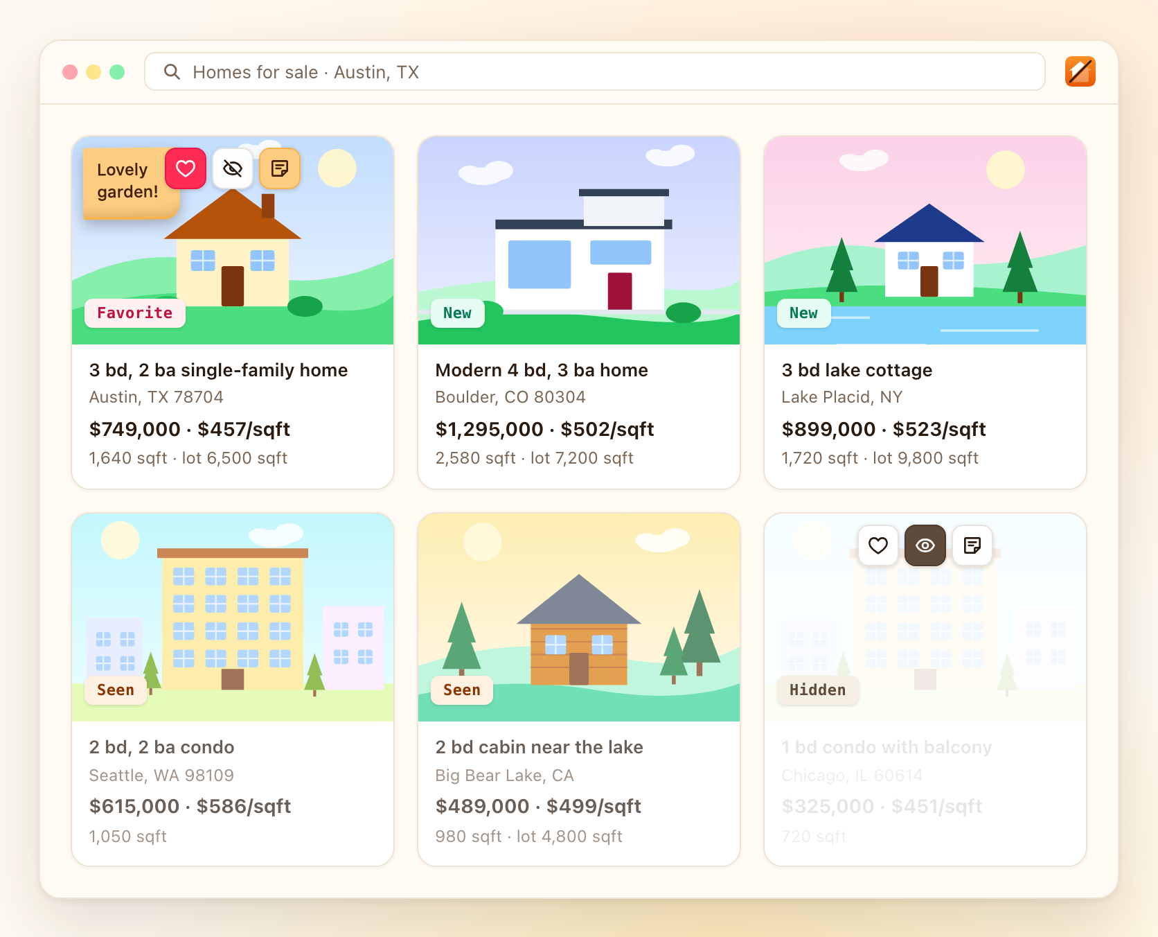 Search results with SkimF: a saved home with a note on top, new listings below it, seen ones dimmed and a hidden one faded out at the end.
