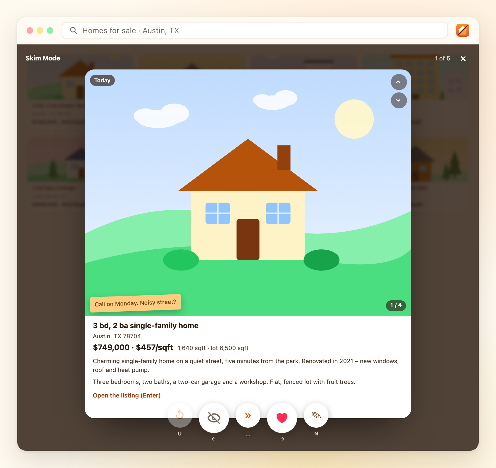 Skim Mode: one listing filling the screen with a large photo, the price and buttons to hide, skip or save.