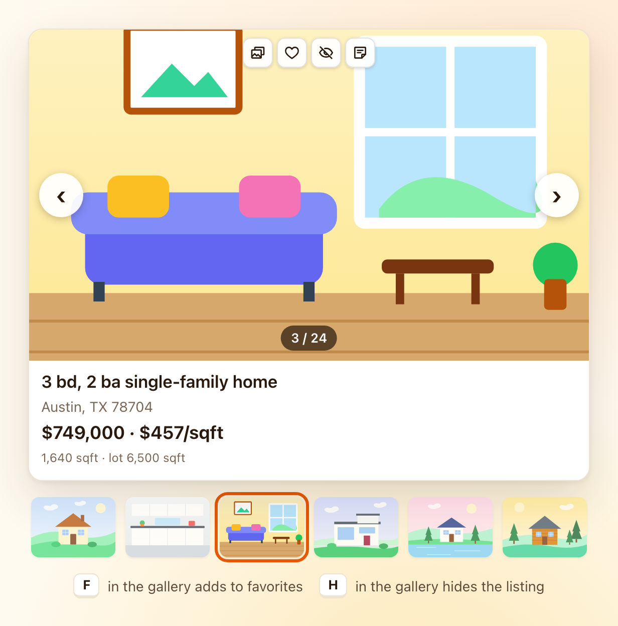 A photo gallery open above the search results, with a photo counter and arrows on both sides.