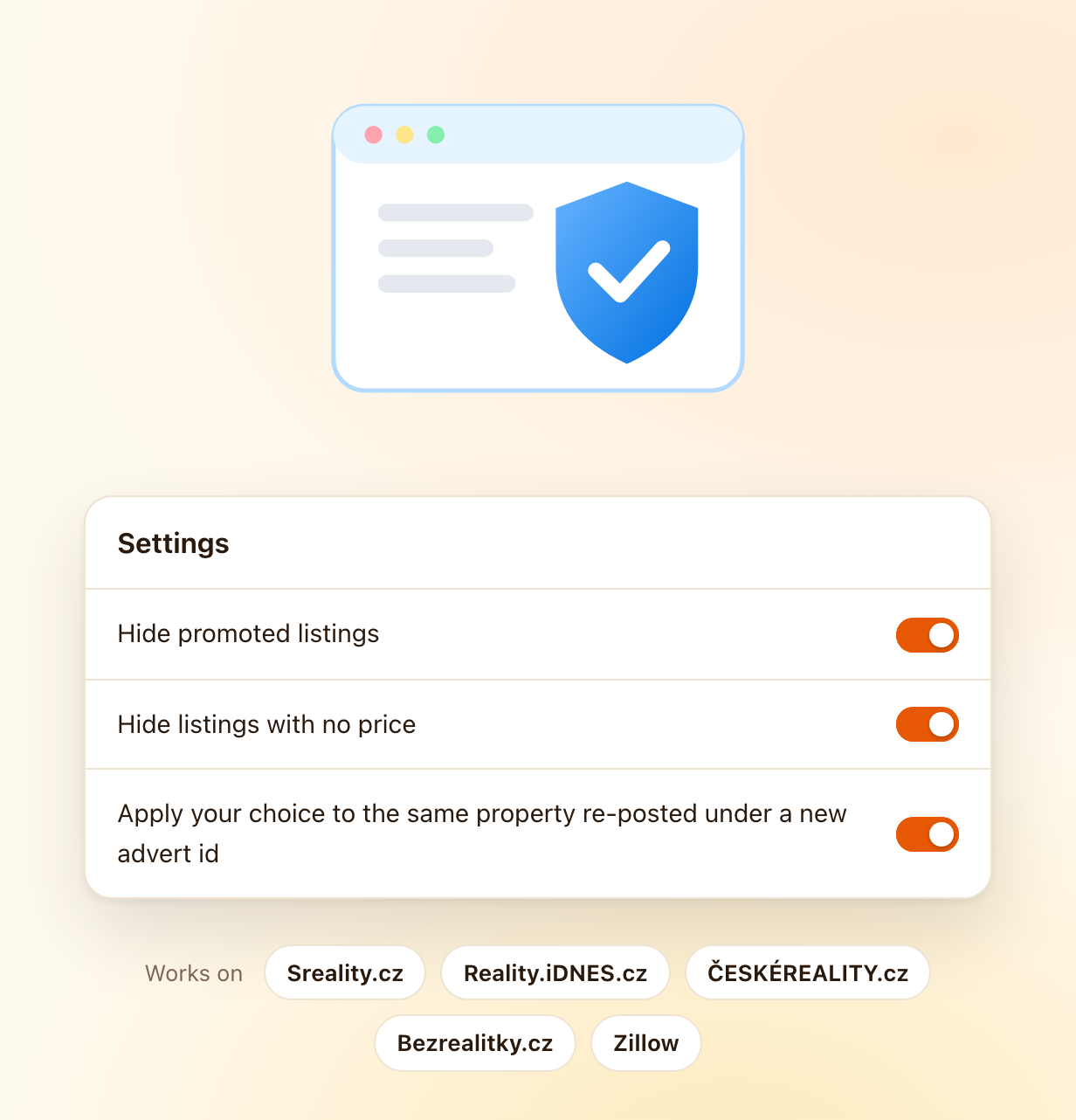 The extension's settings, with switches for hiding sponsored listings and buttons to export or delete your data.